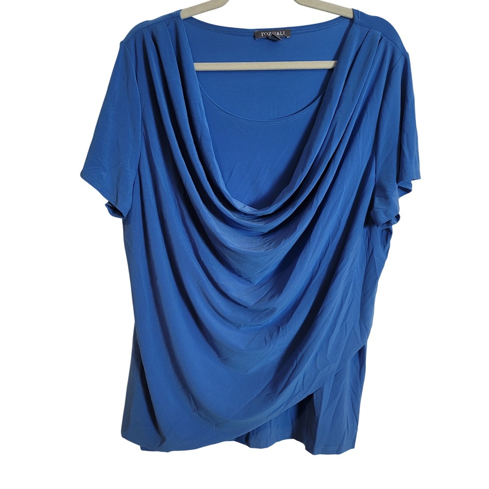 Roz & Ali Blue Cowl Neck Draped Layered Short Sleeve Blouse Plus Size 2X Chic‎